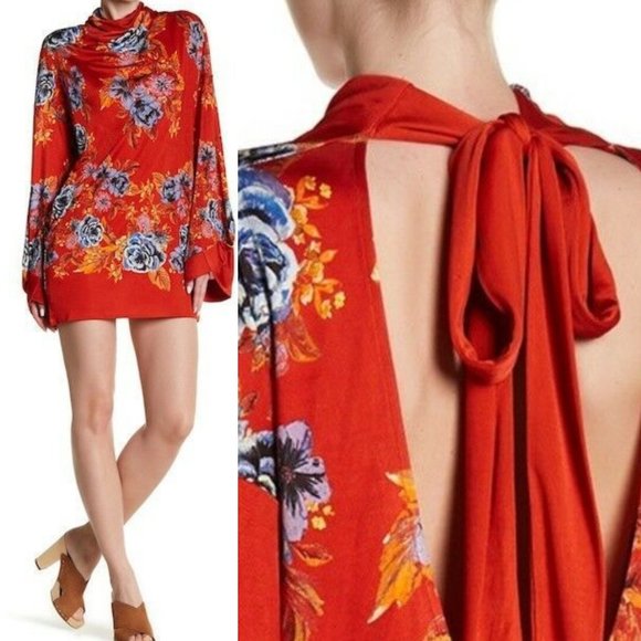 Free People Dress Floral Cocktail Party Oversized Loose Boho Red Mini SMALL Sexy - Picture 3 of 11